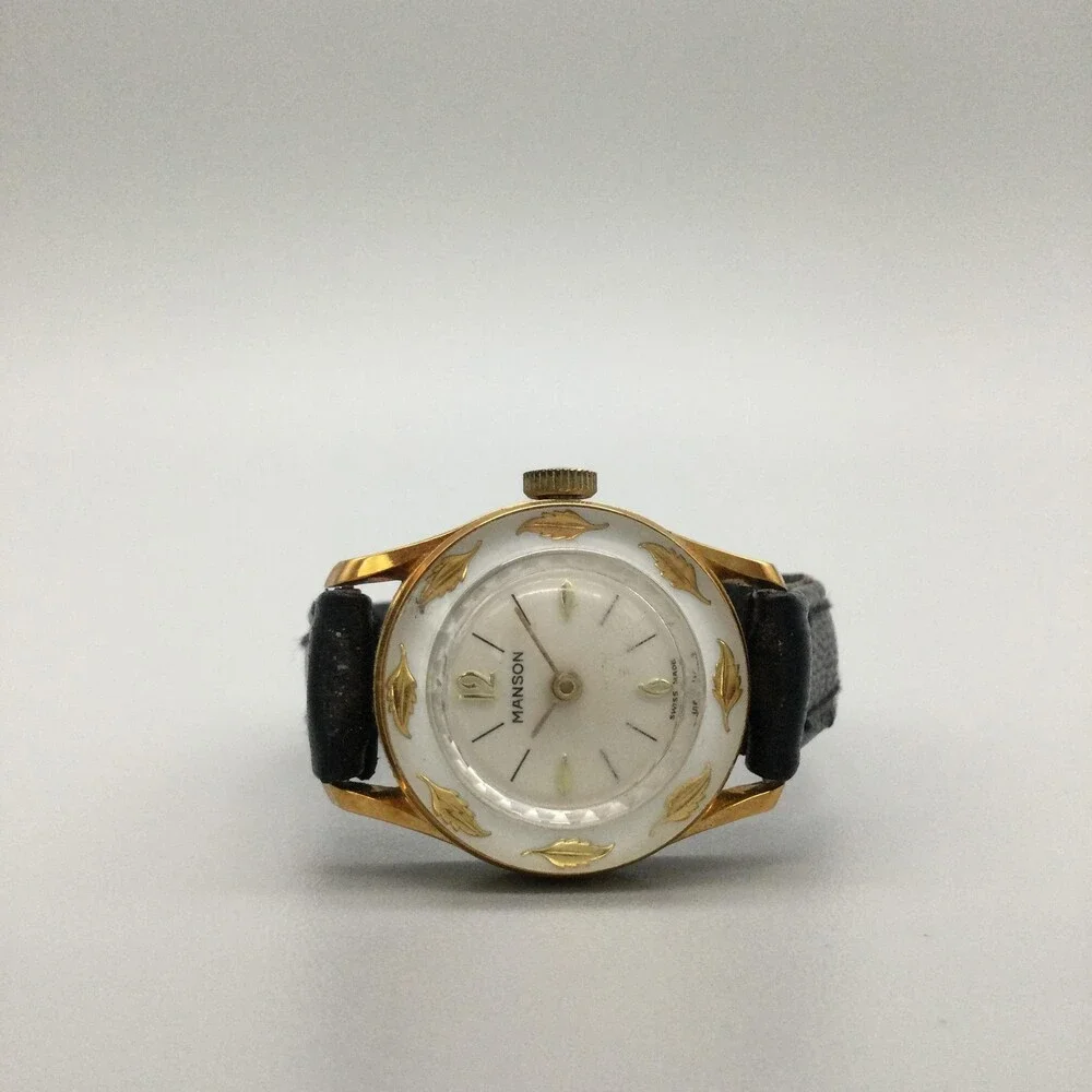 Vintage Manson Womens Watch 25mm White Dial Gold Tone Manual Swiss Leather Band